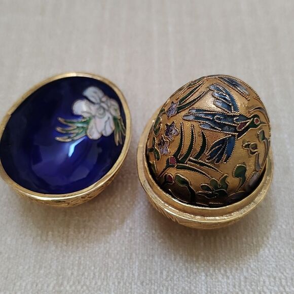 Cloisonne Gold Nesting Egg and Box Hand Painted Enamel Floral and Bird Vintage - Picture 11 of 11